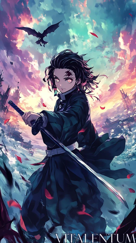 Crimson eyed swordsman carves dawnlight through stormed skies