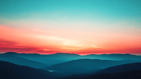 Dreamy pastel sunset drifting over calm blue mountains.