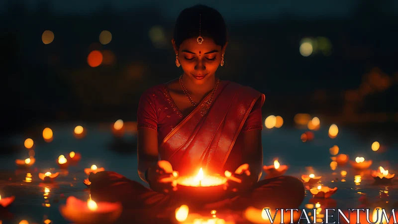 Serene festival keeper cradling a universe of floating flames.