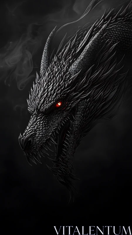 Digital painting of obsidian dragon head with infernal gaze.