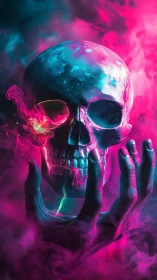 Electric neon skull rests in a mysterious glowing hand