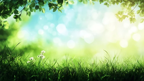 Macro meadow foreground with bokeh-structured luminous canopy.