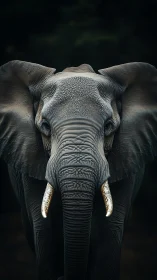 Elephant frontal portrait with dramatic low-key lighting.