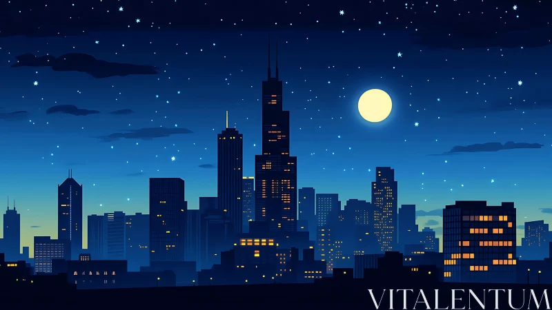 Moonlit skyline whispers above a star-sprinkled city hush.