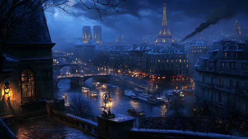 Midnight Paris scene glows with river lights and quiet snow