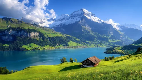 Photorealistic alpine lake valley with chalet foreground perspective.