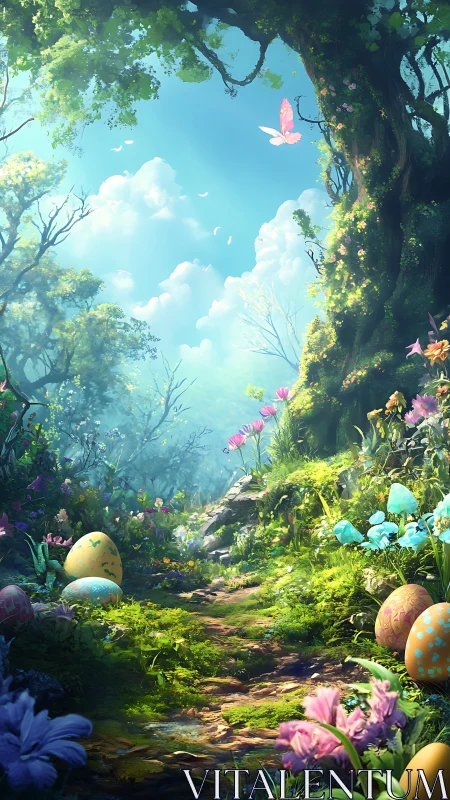 Enchanted forest path welcomes bright eggs and gentle light