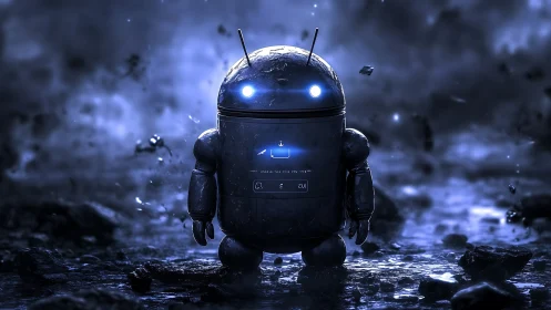 Glowing blue robot friend explores a stormy sci fi world.