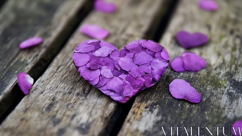 Purple Petals Form Heart on Weathered Wood.