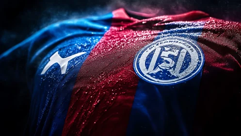 Soccer jersey fabric shows wet surface and crest details