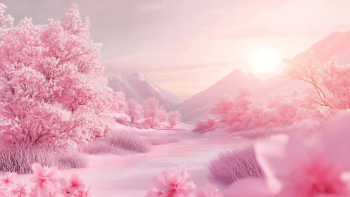 Pink-toned digital landscape with trees and distant mountains.
