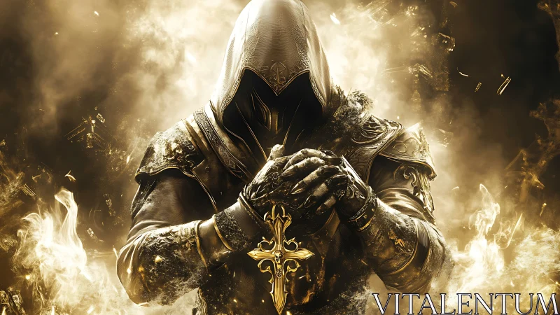 Hooded paladin in gilded armor grips radiant cross pendant