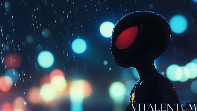 Neon‑lit stylized hero silhouette renders against rainy bokeh