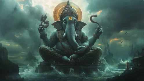 Storm-lit divine elephant deity over turbulent seascape.