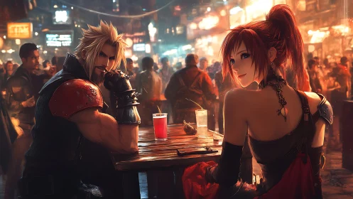Anime duo share neon-lit drinks in a bustling night market.