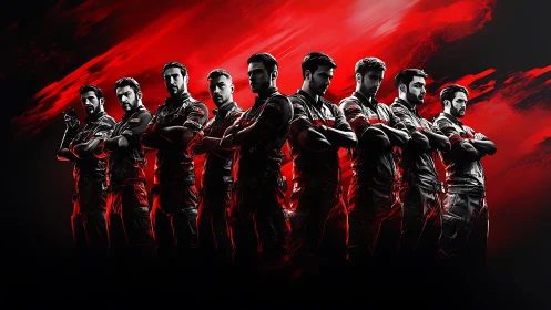 Esports squad stand united under red dynamic lighting.