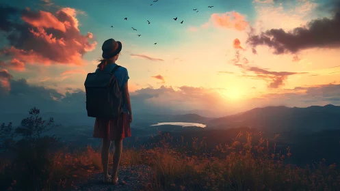 Backpacker silhouette on ridge overlooking sunset valley