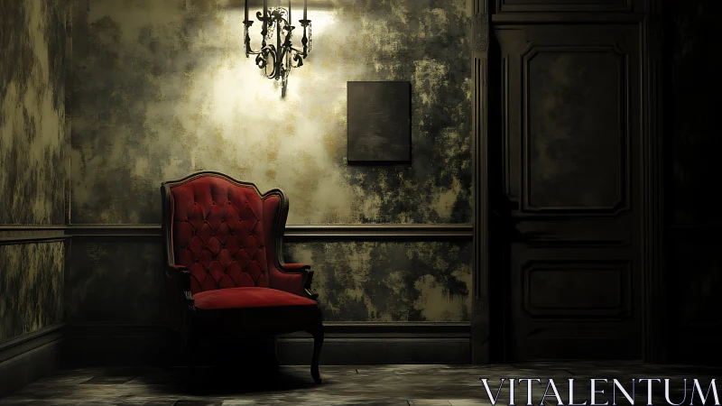 Cinematic chiaroscuro study of red velvet chair in corridor.