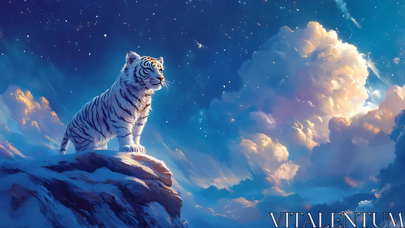 Young white tiger gazes over luminous, starry cloudscape