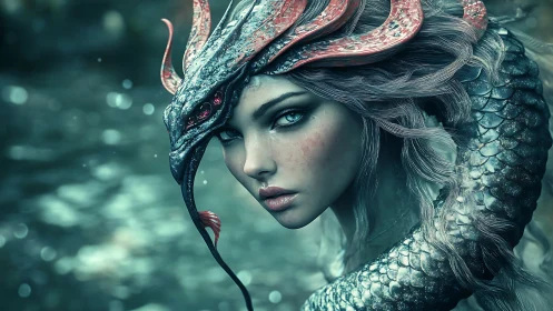 Hybrid serpent-headed female figure in aquatic environment.