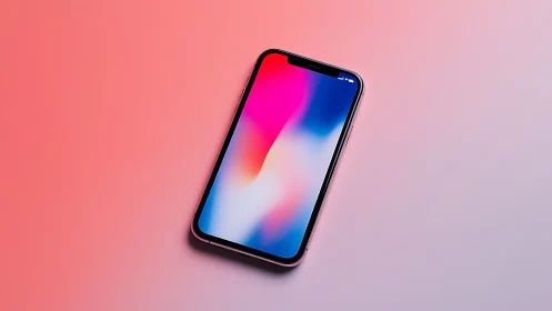 Black smartphone with gradient display rendered against soft pastel gradient background