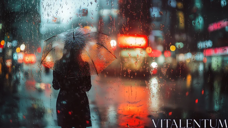 Silhouette with umbrella in wet neon-lit city street at night.