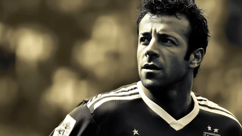 Dramatic close-up of focused football player in sepia toning.