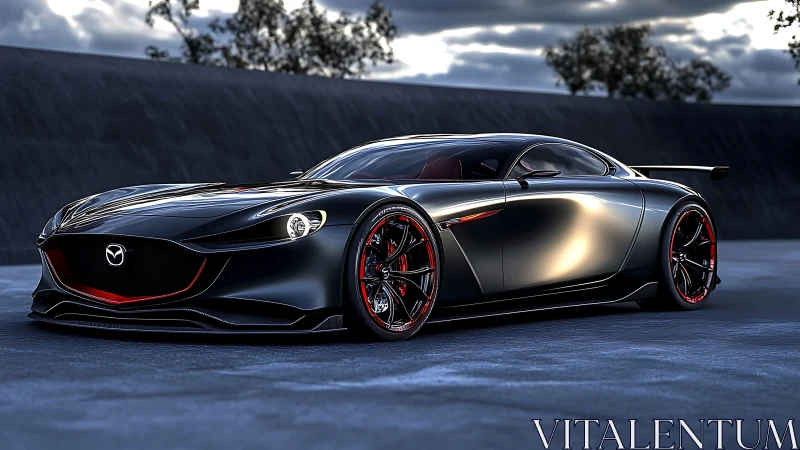 Sleek Mazda concept supercar under moody evening sky.