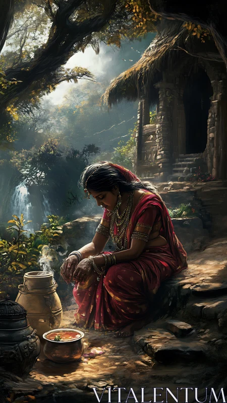 Woman in red sari cooks beside forest hut in soft sunlight