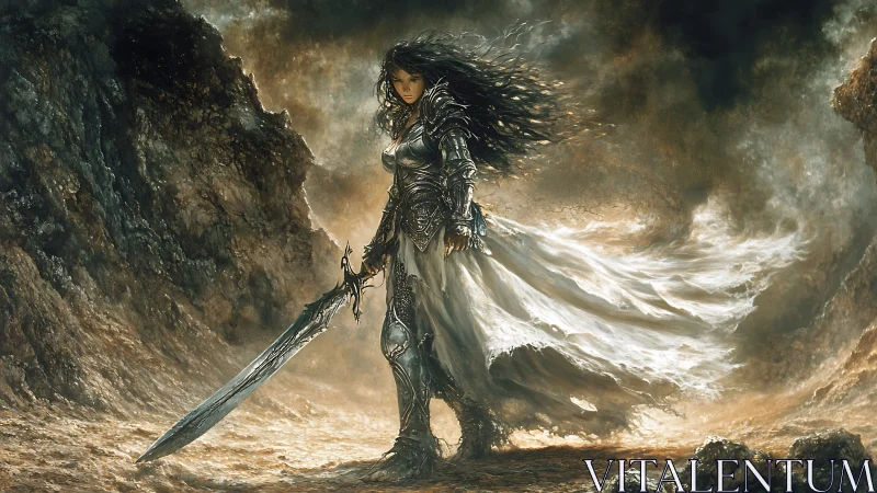 Storm-lit warrior queen stands firm in swirling golden dust