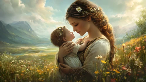Mother and Child in Alpine Meadow.