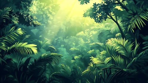 Luminous tropical canopy with atmospheric light diffusion through dense vegetation.
