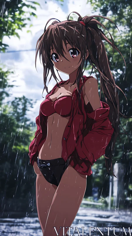 Anime rain portrait with dynamic character lighting focus.