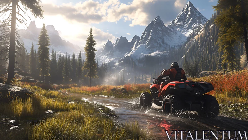 ATV rider powers through alpine stream under sharp peaks