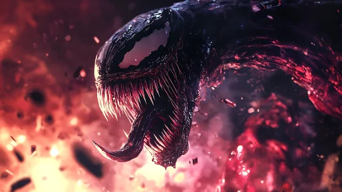 Nightmarish alien creature lunges through swirling red chaos