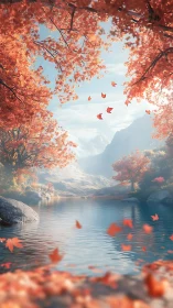 Autumn lakeside valley glows beneath distant snowy peaks.