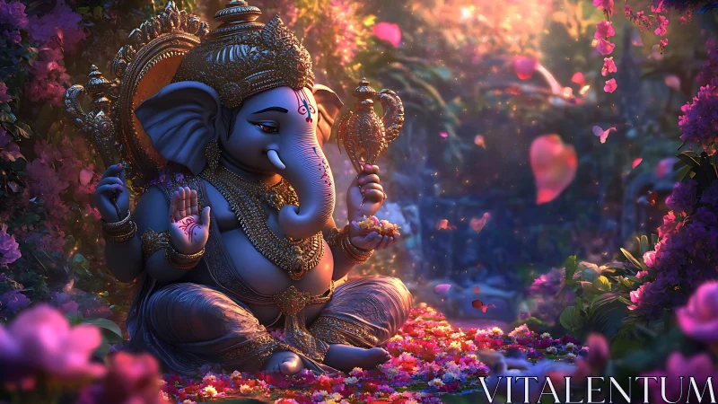 Digital depiction of Ganesha seated amid floral garden.