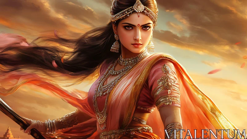 Warrior queen strides through blazing sunset sky scene.