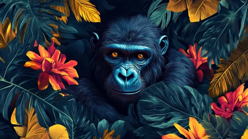 Digital rendering shows blue-toned gorilla amid dense foliage