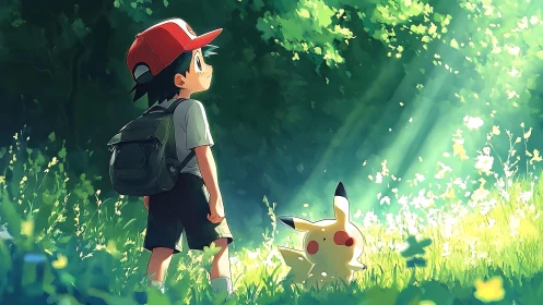 Anime boy and electric creature in sunlit forest clearing