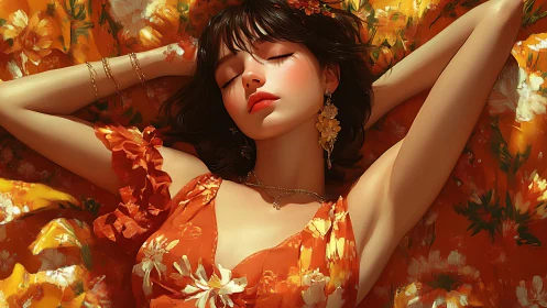 Sunlit woman resting on floral orange fabric in repose.