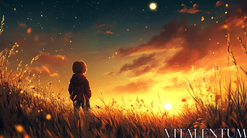 Child in golden meadow watching a dreamy burning sunset.
