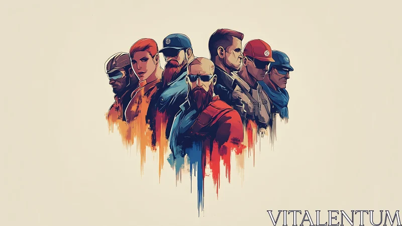 Stylized tactical hero lineup with dripping gradient strokes