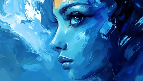 Monochrome cyan female profile in fluid gestural brushwork