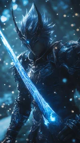 Ice knight warrior with glowing blue blade in forest.