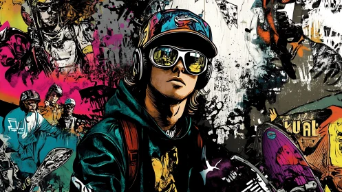 Urban street rider dominates vivid graffiti chaos wall.