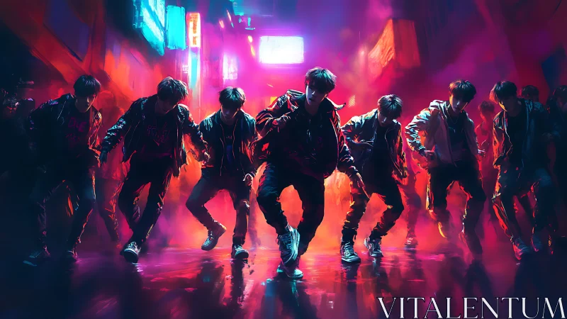 Neon-lit street dancers move in sync through glowing mist.