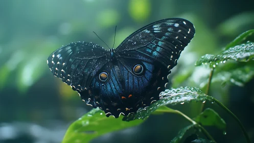 Midnight blue butterfly resting on rain-kissed leaves.