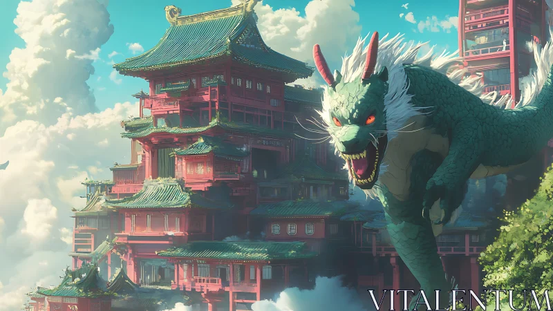 Sky temple towers with roaring emerald dragon guardian