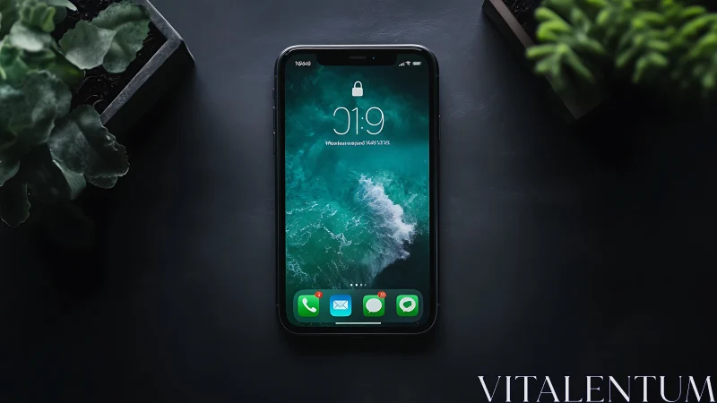Black iPhone displays locked screen with ocean wave wallpaper and time